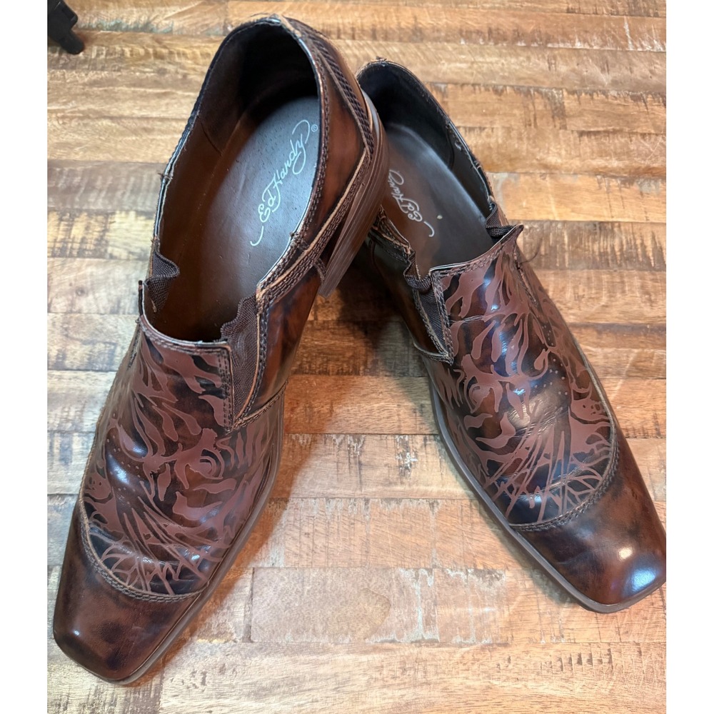 Ed Hardy Vintage Mens Brown Leather Tattoo Graphic Square Toe Loafers Size 12ge